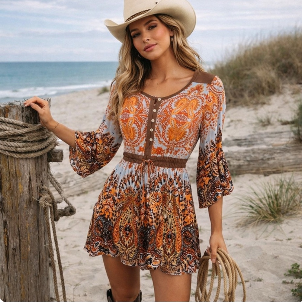 Miss Me Orange Brown Paisley Boho Tunic